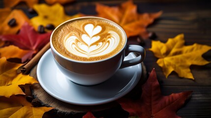 Cup of coffee with autumn leaves, Generative AI