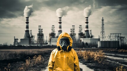 A person in a yellow hazmat suit and gas mask standing in front of a nuclear power plant, Generative AI
