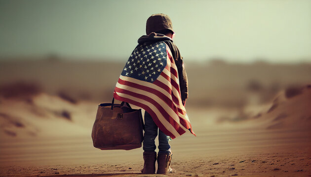 A poor child carrying a bag and hand holding USA flag, image representing child labor, Ai generated image 