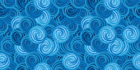 Fototapeta na wymiar Abstract blue circles seamless pattern, line art background motif, vector