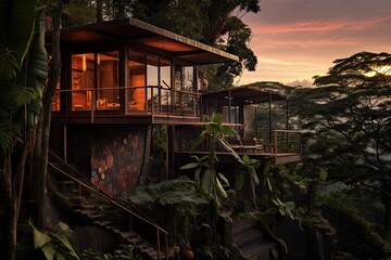 Remote house in the forest bathed in golden light at sunset.