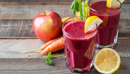 Healthy detox beetroot, carrot, apple and lemon juice smoothie in glass on wooden table, horizontal