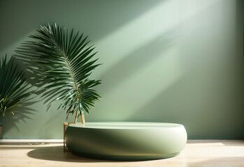 Fototapeta premium Skin Care Presentation, Modern minimal green podium, bamboo palm tree in sunlight, leaf shadow on wall background for luxury organic, plant twig, wood floor, Template for Presentation, Generative Ai