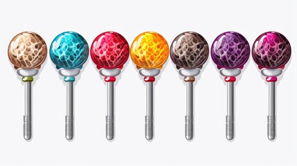 Row of lollipops with different colors and flavors isolated on white background.