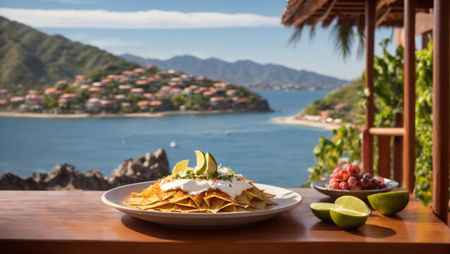 A visually stunning photograph of a Chilaquiles placed on a table with view of a town, serene ocean, and majestic mountains in Zihuatanejo.
