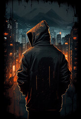 A mysterious man in dark clothes and a hood looks at the night city. AI Generated