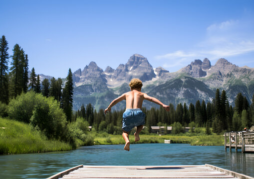 A child leaping and playing joyfully by the lake's edge