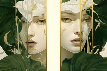 Banner for an invitation with two beautiful women in the style of white and gold colors created with Generative AI technology. Girl's face framed by green leaves 