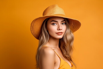 Happy sexy young woman dressed in swimwear wearing a summer hat. image for the summer sale. Isolated on yellow background. Generated AI 