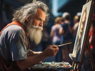 A world-class photographer captures a close-up shot of an artist painting a portrait of a willing subject in a city square.