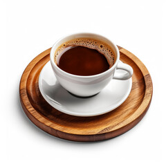 A cup of hot black coffee set on a wooden tray. Hot coffee in the morning.