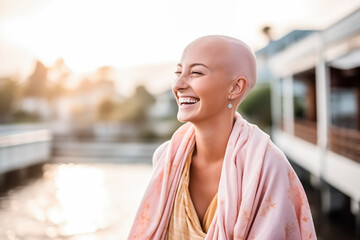 Happy young caucasian bald confident woman enjoying life after surviving breast cancer in street. Portrait of beautiful hairless girl smiling - obrazy, fototapety, plakaty