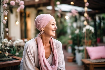 Happy mature caucasian bald confident woman in pink hat enjoying life after surviving breast cancer in cafe. Portrait of beautiful hairless girl smiling