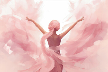 Woman with a pink headscarf raising her arms on pink background
