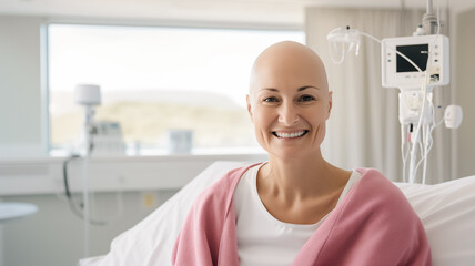 Obraz premium Woman cancer patient with a small smile lying in a hospital bed