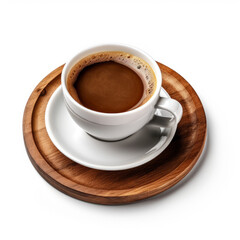 A cup of hot black coffee set on a wooden tray. Hot coffee in the morning.