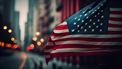 Fotobehang American flag in the city with blur background, memorial day, american flag on the street, Ai generated image  © PixxStudio