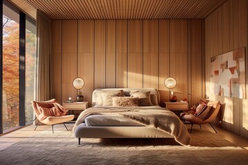 contemporary bedroom with wood walls