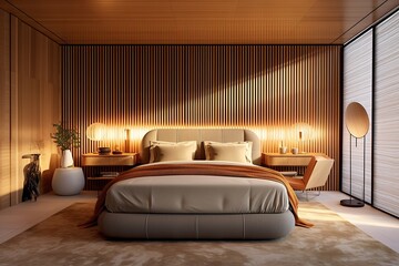 contemporary bedroom with wood walls