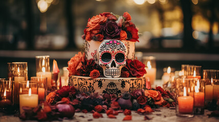 Day of the dead, Dia de los Muertos. Mexican tradition festival. Skulls and colorful marigold flowers.