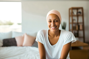 Portrait of young positive young cancer patient sitting in living room, smiling and looking at the camera.