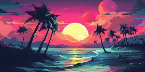 ntage miami florida tropical landscape in flat design created with Generative AI technology