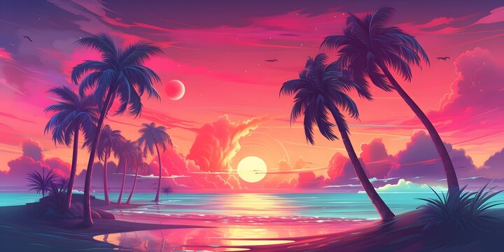 ntage miami florida tropical landscape in flat design created with Generative AI technology