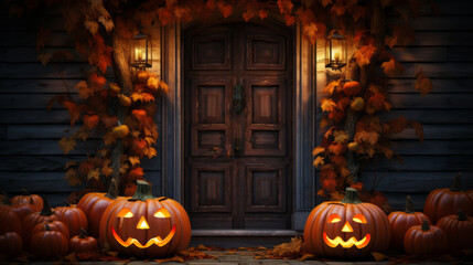 Halloween background old rustic wooden door with pumpkins and jack-o-lanterns. warm glow emanating from jack-o-lanterns creates inviting yet mysterious atmosphere