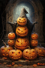 Spooky Halloween background featuring a heap of glowing jack-o-lanterns stacked on top of each other. Mysterious and eerie monster is partially hidden behind the pumpkins.