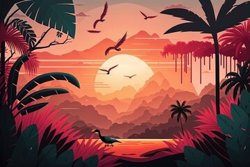 Tropical landscape at dawn in cartoon style. Jungle travel. Generative AI