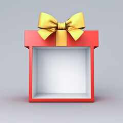 Blank display red present box showcase stand or red gift box mock up with golden ribbon bow isolated on white grey background with shadow 3D rendering