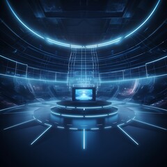 Futuristic Neon Lights Illuminate E-Sport Arena Glowing Dark Blue Background for High-Tech Game Battle