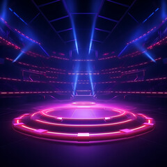 Futuristic E-Sport Event Empty Center in a Vibrant Neon-Lit Stadium on Dark Blue Background