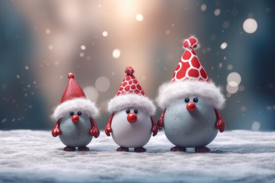 copy space small Christmas gnomes in the snow in red hats with white circles on a blurred background of illumination on Christmas night. copy space