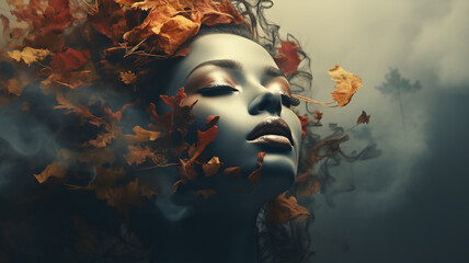 Beautiful woman face covered with Autumn maple laves on hair, ideas for Fall cosmetics, beauty products,Autumn season for healthy mental in double exposure. Generative AI