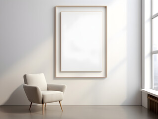 A vertical empty picture frame mockup against a white background, placed in a living room with a sofa