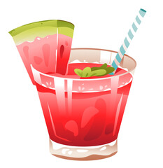 Fresh summer drink with a slice of watermelon, mint and ice. Watermelony soda. Cartoon vector illustration.