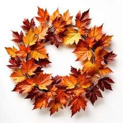 Wicker wreath decorated with autumn leaves and autumn berries on a white background. copy space