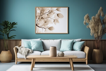 Interior Design Style living room in pastel colors mock-up with frame for picture 