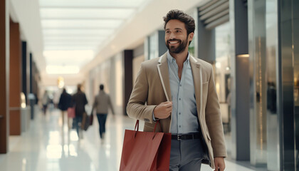 Fototapeta premium Handsome, Confident Man Shopping in Mall With Bags, Smiling