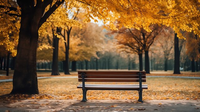 A bench in a park for background, copy space for text and illustration for product presentation and template design.