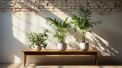 simplicity and eco-friendliness depicted in a white brick wall and a green plant, a minimalist setting, Generative AI