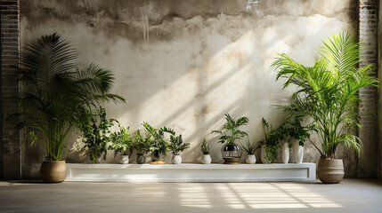white painted brick wall with a green potted plant, symbolizing simplicity and environmental consciousness, Generative AI