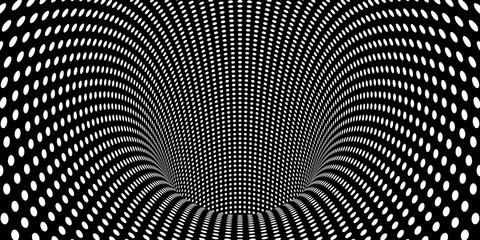 Abstract modern minimal black and white tunnel wormhole vortex background with points texture, 3D illustration