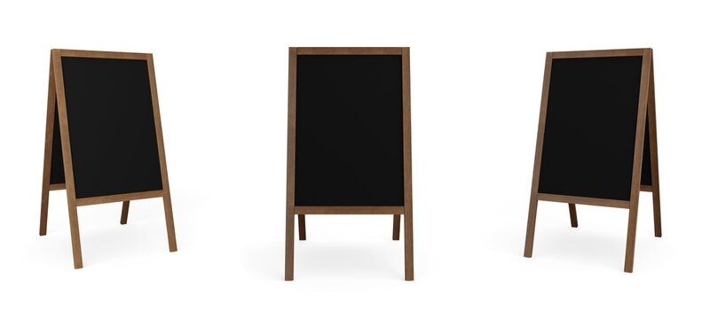 Blank, empty sandwich board, pavement sign or customer stopper with blackboard and wooden stand over white background