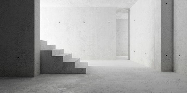 Abstract large, empty, modern concrete room with stairs, indirect light and and rough floor - industrial interior background template