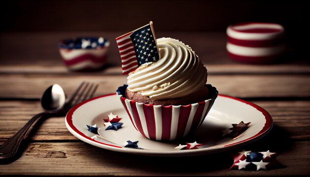  Cupcake with american flag and plates in image of american flag, Ai generated image 