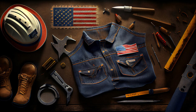 Design concept of Labor Day with working tools and jeans, tools for repair Ai generated image