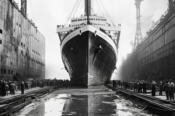 vintage photo of the Titanic in construction site, dry dock in 1910. Black and white vintage photography. the majestic Titanic rises, a marvel of engineering and ambition taking shape. - 629196189