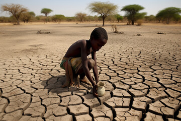 Water crisis, Child sit on cracked earth near drying water. - obrazy, fototapety, plakaty